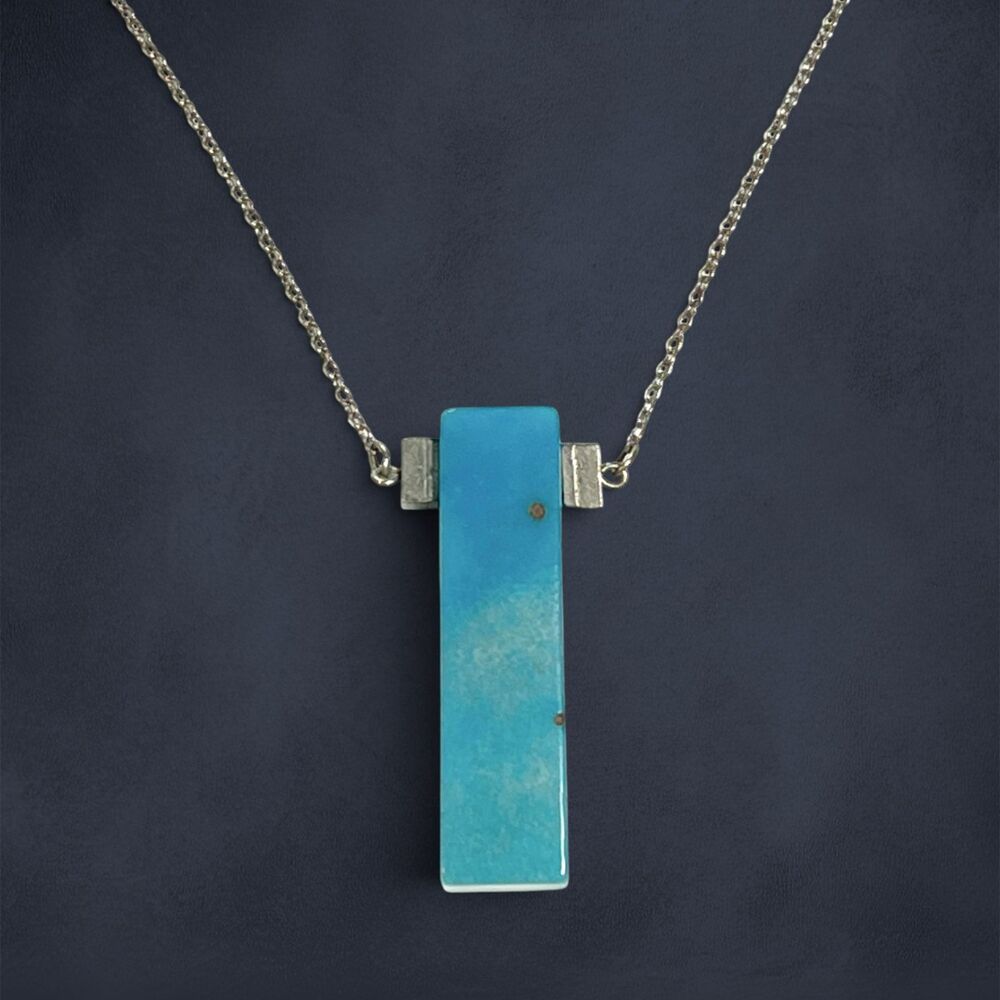 Vibrant Blue Stone Slab Pendant Necklace Rectangle Gemstone Silver Tone 34.5"